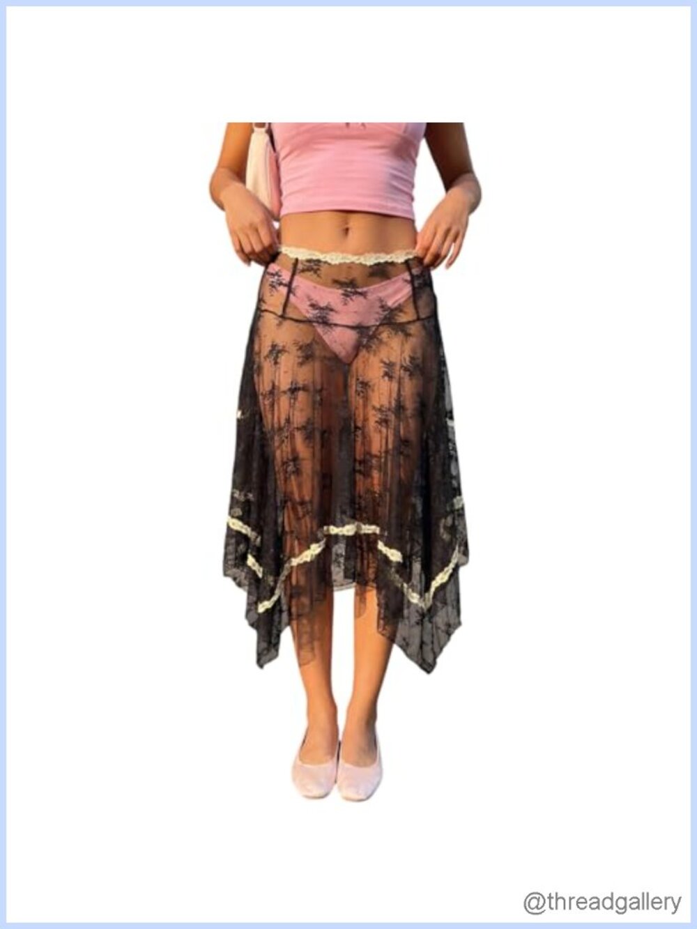 Women's Sheer Mesh Lace Wrap Skirt Y2K Asymmetrical Hem Midi Coverup
